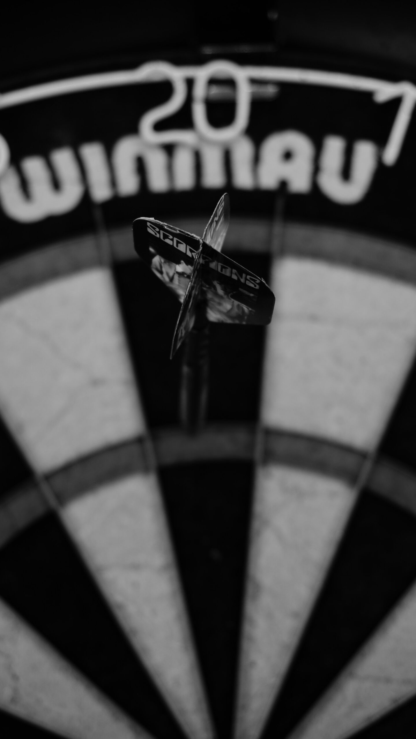 A steel-tip dart embedded in the triple twenty segment of a dartboard
