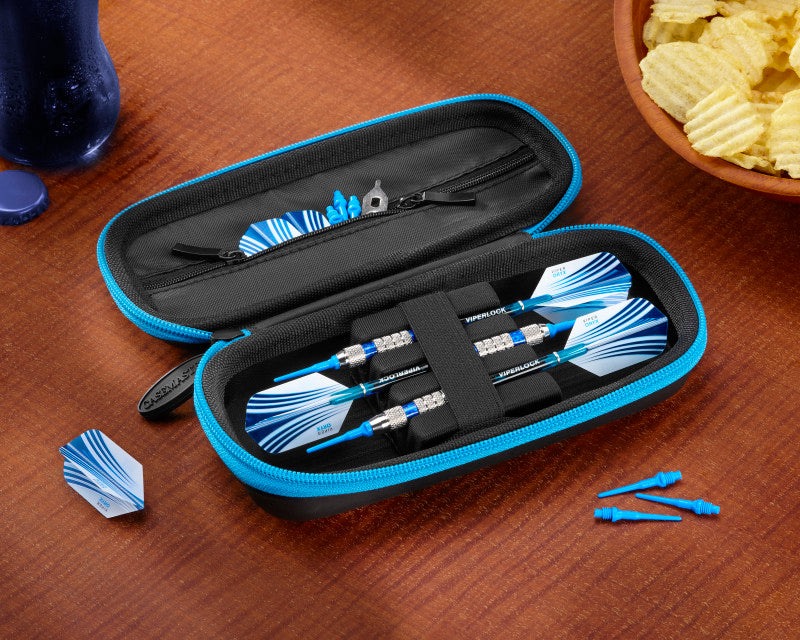Open darts case with darts and accessories